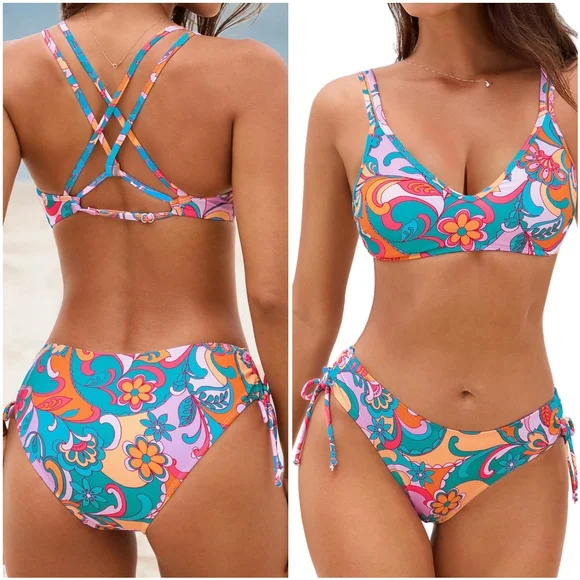 NWT Cupshe Floral Paisley Strappy Two Piece Low Rise Bikini Swimsuit Bathing L - Picture 2 of 14